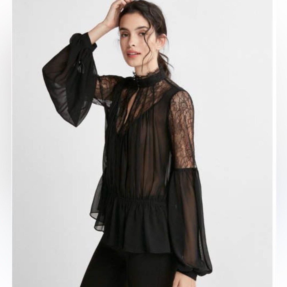 🖤 Express Black Lace & Sheer Keyhole Peplum Blouse 🖤 - Picture 2 of 13
